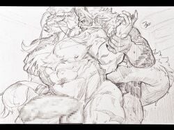 2boys abs another_eidos-r bara beard censored claws commentary_request commission completely_nude demon_horns dragon_boy dragon_tail erection facial_hair fumi_midori fumimimimidory furry furry_male greyscale highres horns looking_at_another male_focus male_penetrated monochrome mosaic_censoring multiple_boys muscular muscular_male navel nipples nude oni pectorals penis pointy_ears rikufune_(another_eidos) signature skeb_commission smile tail tail_wrap testicles tongue tongue_out traditional_media xiaolong_(another_eidos) yaoi