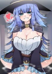 1boy absurdres black_hat black_thighhighs blue_eyes blue_hair blue_skirt blurry blurry_background blush breasts cape censored charlotte_wraith cleavage dress eyebrows_hidden_by_hair female hat heart highres huge_breasts large_breasts long_hair looking_at_viewer lsheng mosaic_censoring open_mouth purple_cape purple_sleeves sex skirt smile spoken_heart steaming_body straddling teeth tensei_kizoku_kantei_skill_de_nariagaru thighhighs vaginal_penetration very_long_hair white_dress witch_hat