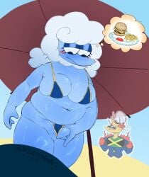 beach beach_umbrella belly belly_bulge bikini breasts bulge chubby chubby_female deltarune deltarune_chapter_3 elnina_(deltarune) food lanino_(deltarune) spicemanart tagme tanga thinking twitter_username