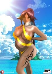 big_breasts bikini bleach breasts commission dark-skinned_female dark_skin karlen_vardanyan legs pregnant pregnant_female shihouin_yoruichi swimsuit swimwear