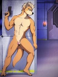 3:4 absurd_res action_pose anthro balls canid canine casual detailed_background determined digital_media_(artwork) feet fighting_pose fingers firearm flaccid fox fox_mccloud fur genitals gun hair handgun hi_res holding_gun holding_object holding_ranged_weapon holding_weapon humanoid_genitalia humanoid_penis machine male mammal muscular nintendo nude nude_anthro nude_male nudist penis pistol pose ranged_weapon science_fiction shaded sky sneaking solo space spacecraft standing star star_fox starry_sky tail tritoneternal_(artist) tuft vehicle weapon