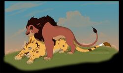 bite blue_eyes brown_fur cloud disney feline female female_feral feral fur grass jazzlioness leopard lion male mammal open_mouth outside red_eyes sky straight the_lion_king yellow_fur yellow_sclera