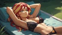 1girls 2025 ai_generated arms_behind_head bicolored_hair black_lingerie bra deviantart_link emotionless emotionless_female equestria_girls hasbro lace-trimmed_panties lace_trim light-skinned_female lingerie long_hair lying medium_breasts my_little_pony panties piclumen pillow red_and_yellow_hair red_hair shaved_armpit solo solo_female sunbathing sunlight sunset_shimmer two_tone_hair