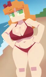 aged_up ai_generated alternate_universe bangs beach big_breasts bikini bow_in_hair busty clothed curvy day elizabeth_afton female female_only five_nights_at_freddy's ginger ginger_hair green_eyes hands_on_hips long_hair looking_at_viewer no_mouth ocean orange_hair outdoors pixai red_bikini red_bow sand simple solo tall_female thick_thighs water