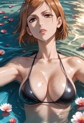 ai_generated bangs bare_shoulders bikini black_bikini breasts brown_eyes brown_hair cleavage collarbone dandanhub female flower jujutsu_kaisen kugisaki_nobara large_breasts lips looking_at_viewer medium_breasts on_back parted_lips partially_submerged petals petals_on_liquid shiny short_hair solo swimsuit upper_body water wet