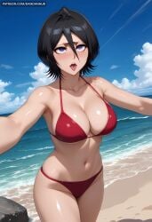 ahe_gao ai_generated bare_shoulders beach bikini black_hair bleach bleach:_the_thousand-year_blood_war blue_sky blush breasts cleavage cloud collarbone cowboy_shot dandanhub day female hair_between_eyes kuchiki_rukia large_breasts navel ocean open_mouth outdoors outstretched_arms purple_eyes red_bikini sand shiny shiny_hair shiny_skin short_hair sky solo standing stomach swimsuit tongue tongue_out water