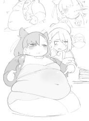 b45ui belly big_belly chubby chubby_female fat game_freak gloria_(pokemon) huge_thighs marnie_(pokemon) nintendo obese pokemon pokemon_ss poking_belly stuffed_belly stuffing thick_thighs touching_belly