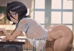 ai_assisted ai_generated ass black_hair bleach blue_eyes blurry blurry_background bottomless breasts classroom commentary female hair_between_eyes huge_ass indoors kuchiki_rukia looking_at_viewer patreon_logo patreon_username see-through_clothes see-through_shirt shexyo shirt short_hair short_sleeves small_breasts solo t-shirt table thick_thighs thighs white_shirt window