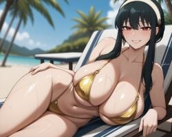 1girls ai_generated beach big_breasts bikini black_hair breasts female female_focus female_only gold_bikini hips huge_breasts large_breasts looking_at_viewer mature_female milf navel red_eyes smiling spy_x_family wide_hips yor_briar yor_forger