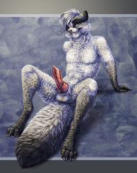 2015 animal_genitalia arctic_fox balls canine canine_penis fox fur grin hair knot looking_at_viewer male male_only mammal nude penis sabretoothed_ermine sitting solo spread_legs spreading white_fur white_hair