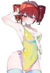 1girls 2d 2d_(artwork) armpits artist_request big_breasts blush blush_lines breasts child_bearing_hips choker cleavage female female_only high_leg_leotard hourglass_figure kasane_teto large_breasts leotard one_eye_closed red_eyes red_hair solo solo_female strap_slip swimsuit thick_thighs thigh_gap thighhighs thighs twin_drills utau white_background wide_hips