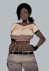 ai_generated alternate_attire alternate_outfit angeline_(hismajestyii) assassin's_creed_(series) brown_shirt burlap_shirt crop-top dark-skinned_female dark_skin exposed_hips hips hismajestyii medium_breasts novelai original original_character pants slim slim_female slim_figure tan_shirt wide_hips