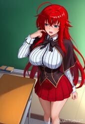 ahoge ai_generated artist_name bangs black_bow black_bowtie black_capelet black_corset blue_eyes blush bow bowtie breasts brown_capelet capelet chair chalkboard classroom collared_shirt corset crossed_bangs desk female hair_between_eyes hair_intakes hand_up high_school_dxd huge_ahoge indoors juliatitusart kneehighs large_breasts long_hair long_sleeves looking_away looking_to_the_side miniskirt open_mouth patreon_username pleated_skirt red_hair red_skirt rias_gremory school_desk school_uniform shiny shirt sidelocks skirt socks solo standing striped sweat sweatdrop thighs tiles underbust very_long_hair watermark white_shirt white_socks
