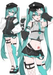 belt big_breasts blue_eyes blue_hair chains green_eyes green_hair hat hatsune_miku hoodie long_hair navel skirt thighs twintails vocaloid wink