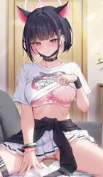 1girls animal_ears ass_visible_through_thighs black_choker black_hair black_mask blue_archive blush bra breasts cameltoe cat_ears choker closed_mouth colored_inner_animal_ears colored_inner_hair commentary extra_ears fingernails halo hayate_(leaf98k) highres kazusa_(band)_(blue_archive) kazusa_(blue_archive) looking_at_viewer mask mask_pull medium_breasts mouth_mask multicolored_hair official_alternate_costume panties pink_bra pink_hair pink_halo pink_panties pleated_skirt red_eyes shirt short_hair short_sleeves skirt solo spread_legs straddling thigh_strap thighs two-tone_hair underwear white_shirt white_skirt