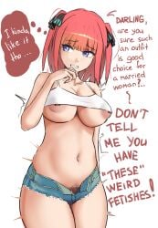 1girls areolae areolae_slip belly_button blue_eyes breasts esgarot_iv eyebrows_visible_through_hair female female_only female_pubic_hair go-toubun_no_hanayome light-skinned_female light_skin nakano_nino pubic_hair red_hair solo