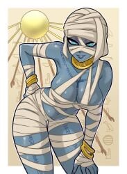 bandage bandaged_arm bandaged_chest bandaged_leg blue_eyes blue_skin body_writing hand_on_own_hip hand_on_own_thigh hero_inside jewelry leaning_forward looking_at_viewer medium_breasts mummy mummy_girl mummy_girl_(hero_inside) tana3321