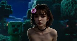 a_minecraft_movie ai_generated artificial_intelligence blue_eyes brown_hair creeper_(minecraft) female flower_in_hair jenny_belle jenny_belle_(slipperyt) meme minecraft night nude nude_female scared short_hair zlipyt2