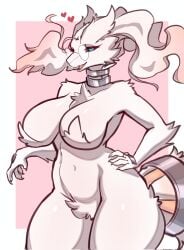 anthro big_breasts biped blue_eyes border bottomless breasts clothed clothing crotch_tuft eyelashes eyewear eyewear_only female fingers fur generation_5_pokemon glasses glasses_only hand_on_hip heart_symbol hi_res juppi legendary_pokemon mostly_nude nintendo nude open_mouth pink_background pokemon pokemon_(species) reshiram simple_background solo standing tongue topwear tuft wearing_glasses white_body white_border white_fur