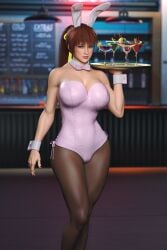 3d 3d_(artwork) 3d_model animal_ears asian asian_female bar big_breasts bunny_ears bunnysuit cameltoe cleavage club collar cuffs_(clothing) dead_or_alive drinks fake_animal_ears fit_female ginger ginger_hair highres holding_object holding_tray hourglass_figure kasumi_(doa) loveluv69 pantyhose ponytail red_hair ribbon_collar serving serving_tray tray waitress