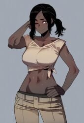 ai_generated alternate_attire alternate_outfit angeline_(hismajestyii) assassin's_creed_(series) brown_shirt burlap_shirt crop-top dark-skinned_female dark_skin exposed_hips hips hismajestyii medium_breasts novelai original original_character pants slim slim_female slim_figure tan_shirt wide_hips