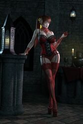 3d 3d_(artwork) 3d_model asian asian_female big_breasts bridal_gauntlets candle claws cleavage collar corset dead_or_alive fit_female garter_belt garter_straps ginger ginger_hair high_heels highres hourglass_figure kasumi_(doa) lace lace-trimmed_bra lace-trimmed_thighhighs lace_collar lace_trim leaning lingerie lingerie_only looking_at_viewer loveluv69 night nighttime platform_heels ponytail posing posing_for_the_viewer red_hair ribbon seductive sleeves stockings thighhighs