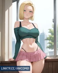 2025 ai_generated android18dx android_18 anicom61 bikini_under_clothes blonde_female blonde_hair blonde_hair_female dragon_ball dragon_ball_super dragon_ball_z earrings green_eyes instagram meta skirt toei_animation topwear