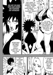 2girls bikini busty cleavage comic dialogue english_text female female_only greeting grin hourglass_figure inuzuka_tsume lipstick long_hair looking_at_another looking_at_partner makeup mature mature_female mature_woman milf monochrome multiple_girls naruto naruto:_the_last naruto_(series) naruto_shippuden ninrubio revealing_swimsuit sitting skimpy skimpy_bikini smile standing story swimsuit tsunade voluptuous