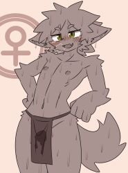 anthro bodily_fluids bottomwear clothing dripping female flat_chested fur genital_fluids grey_body grey_fur hi_res kiukiu loincloth nipples open_mouth simple_background slave solo tomboy vaginal_fluids yellow_eyes