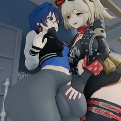 1futa 1girls 3d ass ass_bigger_than_head ball_bulge balls belle_(zenless_zone_zero) big_ass big_balls big_breasts big_butt big_penis blender blonde_hair blue_eyes blue_hair bottom_heavy breasts bubble_butt bulge bulge_grab bulge_through_clothing burnice_white clothing curvaceous curvy curvy_figure dat_ass female fully_clothed futanari huge_ass huge_balls huge_cock long_hair low-angle_view open_mouth orange_eyes penis sonivvnsfw thick_thighs voluptuous voluptuous_female voluptuous_futanari wide_hips wip yoga_pants zenless_zone_zero