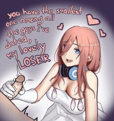 1boy 1girls blue_eyes breasts brown_hair comparing_penis condoms dirty_talk dress english_text esgarot_iv glove gloved_handjob go-toubun_no_hanayome handjob headphones headphones_around_neck heart huge_breasts looking_at_partner nakano_miku penis pink_condoms small_penis small_penis_adoration talking_to_partner text used_condoms wedding_dress white_glove