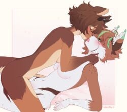 anthro blush breasts_touching_each_other brown_body brown_hair closed_eyes duo felid feline female female/female green_eyes hair hi_res horn hybrid kissing luno_(venys) lynn_(yizhi) lynx mammal markings multicolored_body mustelid nude otter short_hair tail tongue two_tone_body white_body wiewsoy