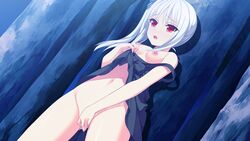 areolae blush breasts dress dress_lift female game_cg highres kinta legs long_hair looking_away masturbation mayachi_(amuriya) navel night nipples no_bra no_panties pussy red_eyes side_ponytail small_breasts solo standing thighs valkyrie_runabout! wet white_hair