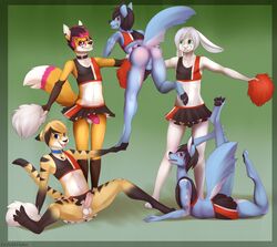 2015 anthro ass balls black_hair black_penis blue_fur brown_fur canine cheerleader clothed clothing collar erection eyewear faxy femboy fox fur furry furry_only girly glasses hair looking_at_viewer male mammal open_mouth penis pom_poms sepffuzzball skirt skynex smile teeth tongue tongue_out white_fur zackrabbit zazush-una