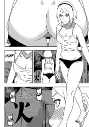 1boy 2girls ass being_watched blush breasts camp caught caught_in_the_act cleavage comic dialogue dressing embarrassed english_text hatake_kakashi implied_sex indoors long_hair mitarashi_anko monochrome mooning multiple_girls naruto naruto:_the_last naruto_(series) naruto_shippuden ninrubio outdoors pulling_up_shorts round_ass sakura_haruno see-through shorts silhouette solo solo_focus story tank_top teacher_and_student tent walking watching