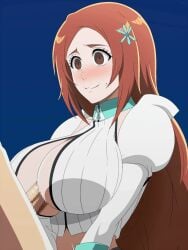 1boy 1girls animated big_breasts bleach bleach:_sennen_kessen-hen breasts brown_hair cleavage cleavage_cutout clothed_paizuri clothing_cutout female hair_ornament inoue_orihime large_breasts long_hair orange_hair paizuri tagme