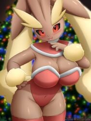 2022 3:4 anthro big_breasts black_sclera blush breasts brown_body brown_fur christmas christmas_tree cleavage clothed clothing faroula_twitt female fully_approved_pokemon fur generation_4_pokemon hand_on_hip hi_res holidays legwear leotard looking_at_viewer lopunny nintendo plant pokemon pokemon_(species) portrait red_eyes smiling smiling_at_viewer solo squish thick_thighs thigh_highs thigh_squish three-quarter_portrait tree wide_hips