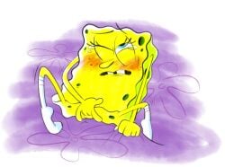 1boy anthro blue_eyes blush bodily_fluids clothing duplicate eyebrows eyelashes featureless_crotch fingering fingering_self footwear footwear_only looking_up male marine masturbation mostly_nude nickelodeon no_genitals null on_model one_eye_closed penetration sea_sponge smelliothell socks socks_only solo spongebob_squarepants spongebob_squarepants_(character) tears teeth toony yece yellow_body
