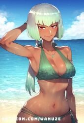 ai_generated beach big_ass big_breasts big_butt big_thighs bikini blush dark-skinned_female dark_skin emerald_sustrai green_hair huge_ass huge_breasts huge_butt huge_thighs outdoors red_eyes rwby swimsuit wanuze wide_hips