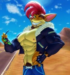 1boy 2020s 2022 anthro bandicoot bara biker_jacket crash_(series) crash_bandicoot crash_bandicoot:_warped jacket male male_only marsupial muscular nipples pubic_hair solo sunglasses tagme victoriaviper video_games