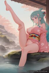 1girls 2025 ai_generated bangs bare_shoulders barefoot blue_eyes blush breasts clothing eroflow feet female female_only floral_print green_hair hair_ornament hair_stick hi_res highres japanese_clothes kimono komurasaki kozuki_hiyori large_breasts leg_up legs long_hair looking_at_viewer naked_kimono nipples no_panties obi off_shoulder one_piece onsen outdoors patreon pink_kimono pussy rock sash shaved_vagina sitting soaking_feet soles solo steam toes uncensored vagina voluptuous voluptuous_female water