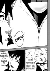 2girls bikini busty cleavage comic dialogue english_text female female_only greeting grin inuzuka_tsume lipstick long_hair looking_at_another looking_at_partner makeup mature mature_female mature_woman milf monochrome multiple_girls naruto naruto:_the_last naruto_(series) naruto_shippuden ninrubio revealing_swimsuit skimpy skimpy_bikini smile sniff sniffing story swimsuit tsunade voluptuous