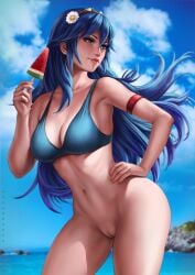 alternate_costume arm_strap ass beach bikini bikini_top_only blue_bikini blue_bra blue_eyes blue_hair bottomless bra breasts cleavage daisy dandon_fuga female fire_emblem fire_emblem_awakening flower food gold_tiara hair_flower hair_ornament hand_on_own_hip highres huge_ass large_breasts long_hair lucina_(fire_emblem) medium_breasts narrow_waist navel ocean paid_reward patreon_reward popsicle pussy sideboob solo swimsuit thick_thighs thighs tiara underwear wide_hips