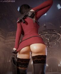 ada_wong ada_wong_(adriana) asian asian_female big_ass big_thighs black_hair bob_cut bubble_ass bubble_butt dress_lift dress_pull exposed_ass fat_ass female flashing_ass flashing_at_viewer gloves gun_on_back hand_on_dress holding_gun kyropex paag phat_ass resident_evil resident_evil_4 resident_evil_4_remake stockings sweater_dress