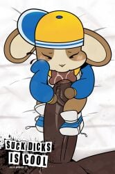 :3 anthro backwards_hat blush blush_lines brown_body brown_fur closed_eyes clothed clothing dark-skin dark-skinned_male eyelashes fellatio female fur furrowed_brow gosgoz hat headgear headwear how_to_be_cool how_to_be_cool_(piemations) just_the_tip lagomorph larger_male leporid male mammal oral peeb_(piemations) piemations rabbit shortstack simple_eyes simple_face smaller_female tan_body tan_fur text veiny_penis