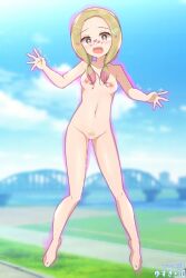 artist_name bar_censor barefoot blonde_hair blurry blurry_background breasts bright_pupils censored cloud commentary_request day eyelashes female female_pubic_hair full_body glowing grey_eyes highres knees long_hair looking_at_viewer mina_(pokemon) multicolored_hair nipples nude open_mouth outdoors pokemon pokemon_sm pubic_hair sky solo toes two-tone_hair white_pupils yuzukiaz