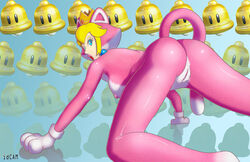 all_fours ass bell blonde_hair blue_eyes cat_peach catsuit crown earrings female female_only from_behind highres idcam looking_at_viewer looking_back mario_(series) nintendo open_mouth princess_peach pussy shiny sideboob solo super_mario_3d_world tail