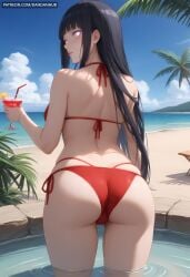 ai_generated ass back bangs bare_shoulders beach bikini black_hair blue_sky blunt_bangs boruto:_naruto_next_generations breasts cameltoe cloud cup dandanhub day female from_behind halterneck holding holding_cup hyuuga_hinata long_hair looking_at_viewer looking_back multi-strapped_bikini naruto naruto_(series) naruto_shippuden ocean outdoors palm_tree parted_lips purple_eyes red_bikini side-tie_bikini_bottom sky solo string_bikini swimsuit tree wading water white_eyes