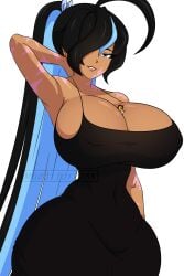 1boy 1girls between_breasts big_breasts big_female_small_male black_and_blue_hair black_dress blue_eyes breasts cleavage crossover edit edited_image emil-inze emil_(emil-inze) female giantess grace_(mg231101778) huge_breasts inside_breasts long_hair_female m.grace male mg231101778 micro_in_cleavage oc scars smaller_male smiling tanned_skin