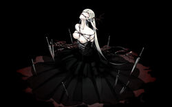 1girls black_dress blood bondage breasts elf female female_only gothic kyo_(kuroichigo) large_breasts long_ears long_hair nipples pale_skin pointy_ears solo sword tied_up weapon yellow_eyes yellow_hair